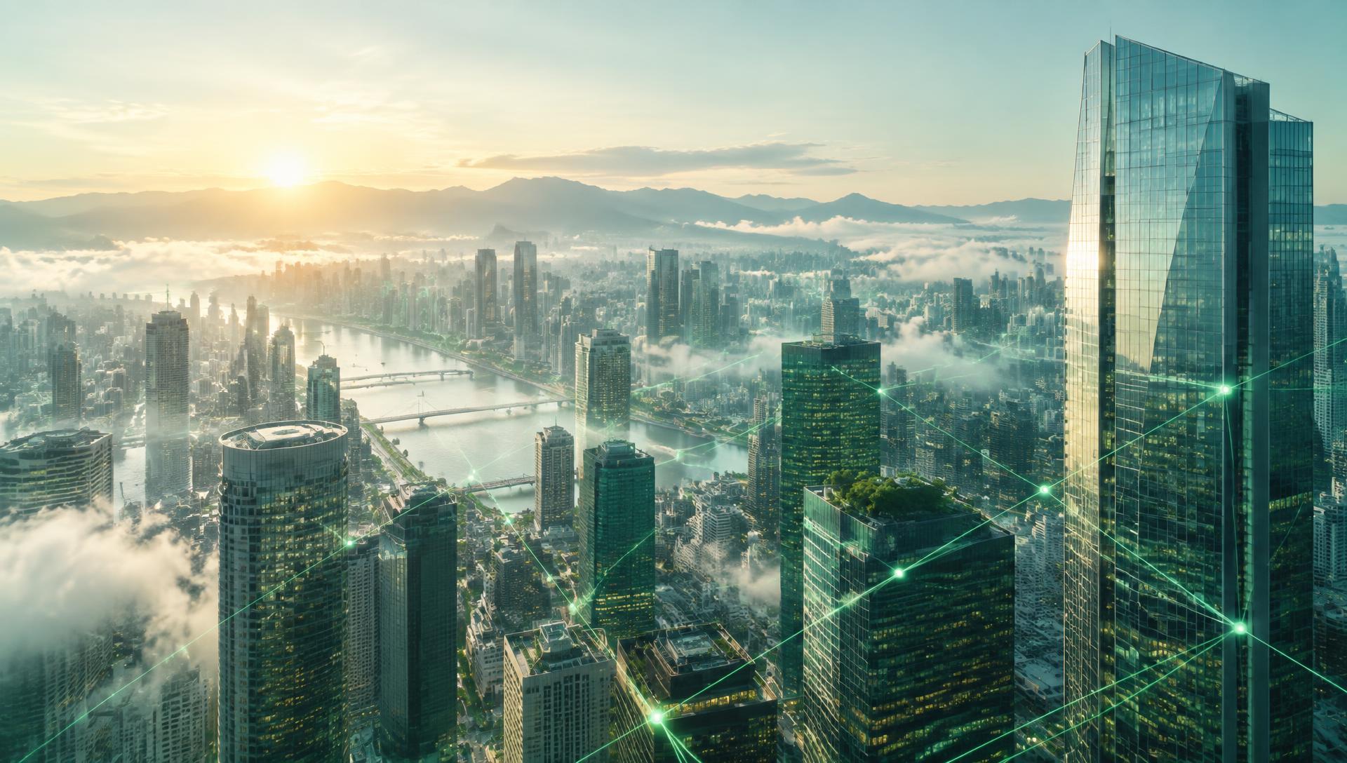 Sunrise over a connected financial district